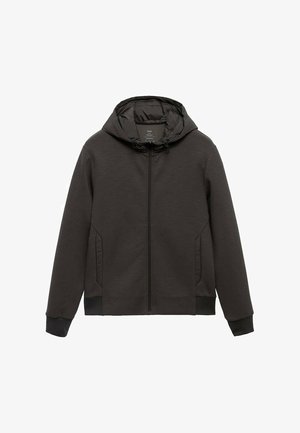 Giacca con cappuccio e zip in tessuto grigio scuro. Caratterizzata da tasche laterali, polsini elasticizzati e una superficie liscia. Leggera e con una vestibilità comoda.