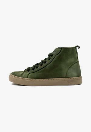Green high-top sneakers made of suede with a beige rubber sole. Features round laces and metal eyelets. Simple design with a minimal aesthetic.