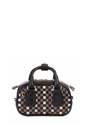 Small rectangular handbag with black, brown, white, and lavender woven checkerboard pattern, black handles, and gold zipper details.