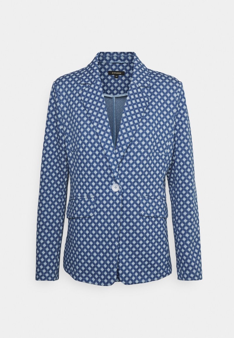 Modrá dámská blazer s diamantovými vzory, s vykrojeným límcem, zavíráním na jeden knoflík a předními kapsami s klopami.