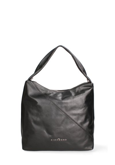 Sac à bandoulière en cuir noir avec un design triangulaire élégant, équipé d'une fermeture éclair et d'un détail logo en bas. Texture lisse.