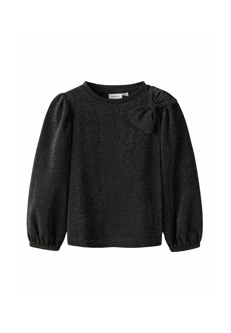 Czarny długi rękaw top z okrągłym dekoltem i bufiastymi rękawami, z teksturowanej tkaniny z metalicznymi złotymi kropeczkami oraz ozdobą w postaci kokardy na ramieniu.