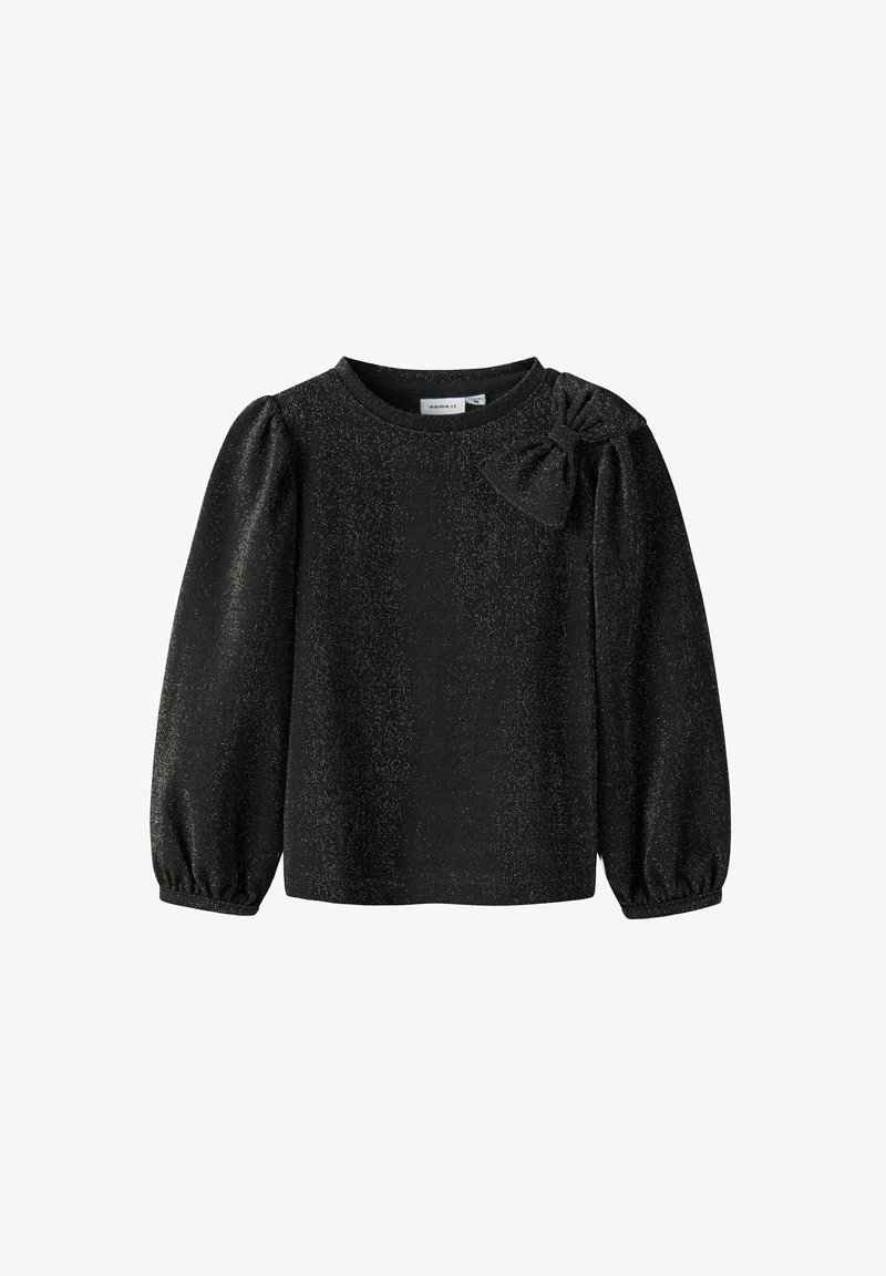 Czarny długi rękaw top z okrągłym dekoltem i bufiastymi rękawami, z teksturowanej tkaniny z metalicznymi złotymi kropeczkami oraz ozdobą w postaci kokardy na ramieniu.