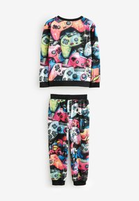 Buntes Pyjama-Set bestehend aus einem Langarmoberteil und einer Hose, verziert mit verschiedenen Spielcontrollern auf einem schwarzen Hintergrund. Weicher Stoff, elastischer Bund.