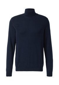 Marineblauer Rollkragenpullover aus glattem Stoff, mit langen Ärmeln und geripptem Saum, mit minimalem Markenlogo in der Nähe des unteren Saums.