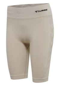 Shorts sportivi beige con un design aderente, vita elastica e motivo a chevron riflettente sul lato esterno. Logo Hummel sulla vita.
