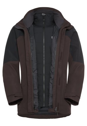 Braune wasserdichte Jacke mit Reißverschluss, isolierter schwarzer Innenfutter und kontrastierenden dunklen Ärmeln. Verfügt über mehrere Reißverschlusstaschen.