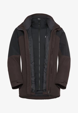 Bruine waterdichte jas met ritsluiting, geïsoleerde zwarte voering en contrasterende donkere mouwen. Beschikt over meerdere ritszakken.