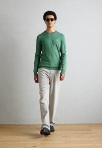 Groen langemouwen overhemd, lichtgekleurde spijkerbroek, zwarte schoenen en zonnebril. Model staat op een houten vloer tegen een effen muur.