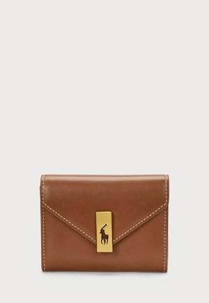 Brown leather wallet with a flap design, gold hardware closure, and embossed logo. Features contrast stitching along the edges.