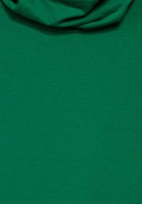 Zelená bavlněná látka s hladkým povrchem, se skládavým výstřihem. Materiál vypadá lehce a mírně pružně.