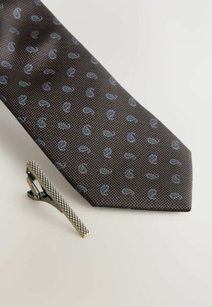 Braune Krawatte mit Muster und blauen Paisley-Motiven, gewebter Stoff. Begleitet von einer silbernen Krawattenklammer mit gewebtem Design.