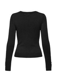 Suéter negro de manga larga con un diseño ajustado, que presenta un escote redondo y detalles de botones en los puños. Textura de punto suave.