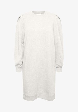 Vestido sudadera gris claro con mangas largas y abullonadas y un escote redondo. Presenta un corte holgado y puños acanalados en las mangas y en el dobladillo.