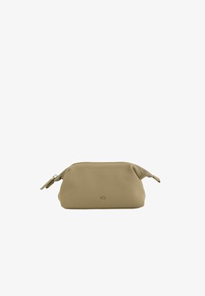 Beige rechteckige Kulturtasche mit Reißverschluss und minimalistischem Logo auf der Vorderseite, vor weißem Hintergrund.