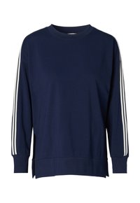 Marineblauer Sweatshirt aus Baumwolle mit langen Ärmeln, Rundhalsausschnitt und weißen Streifen an den Seiten. Seitenschlitze am Saum.