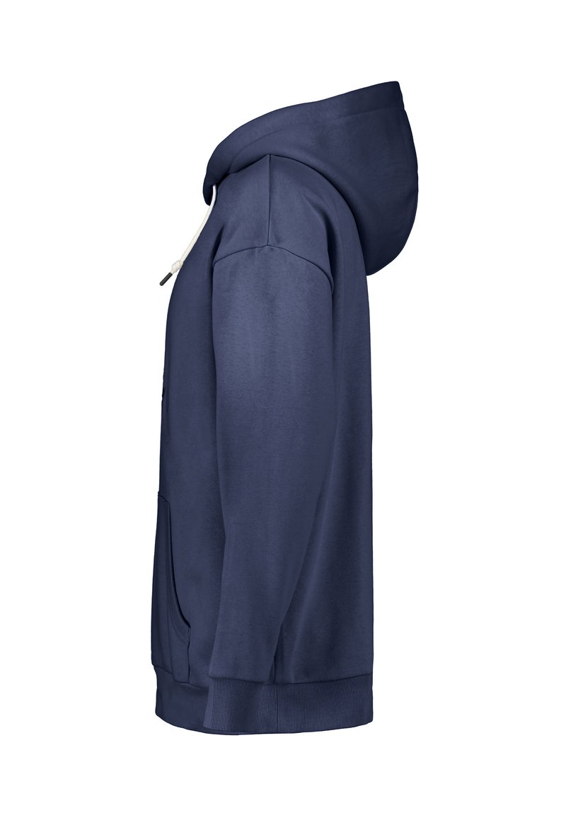 Marineblaues Sweatshirt aus einem weichen Stoff, mit einer Kängurutasche, gerippten Bündchen und einem Kordelzug an der Kapuze.