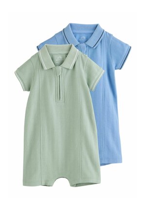 Két rövid ujjú baba overall texturált anyagból, az egyik világoszöld, a másik világoskék, gallérral és elülső cipzárral.