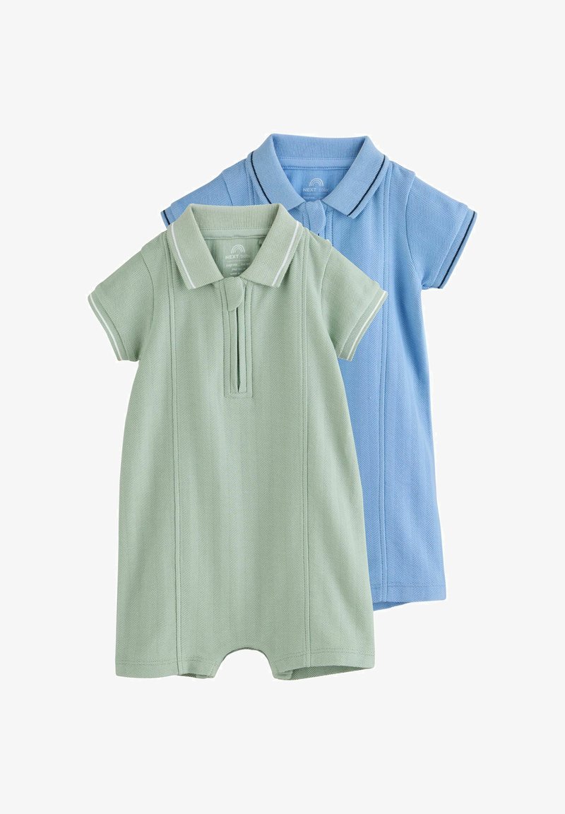 Dve krátke rukávové detské overalové kombinézy z textúrovaného materiálu, jedna svetlozelená a jedna svetlomodrá, s golierikmi a prednými zipsami.
