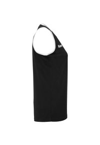 Top sportivo senza maniche di colore nero con scollatura rotonda e rifinitura bianca. Presenta una vestibilità morbida e il nome del brand stampato sul davanti.