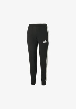 Črne športne hlače s tesnim krojem, ki imajo kontrastno svetlo sivo stransko ploščo in belo Puma logo na levem stegnu.