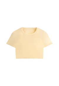 T-shirt court à manches courtes couleur crème avec col rond, présenté sur un fond blanc uni.