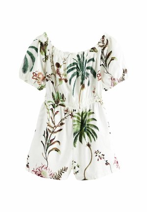 Combinaison blanche à épaules dénudées avec taille et manches élastiques, ornée d'un imprimé de palmiers verts et de motifs floraux sur un tissu léger.