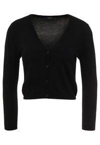 Czarny, krótki kardigan z miękkiego materiału dzianinowego. Ma głęboki dekolt w kształcie litery V, długie rękawy oraz zapięcie na sześć czarnych guzików z przodu.