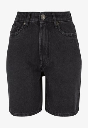 Černé džínové šortky s vysokým pasem, pěti kapsami a kovovým zapínáním. Tkanina má hladkou strukturu s jemným vyblednutím.