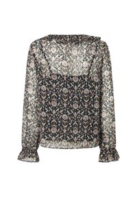 Zwarte doorschijnende blouse met bloemenpatroon in tinten blauw, roze en crème. Voorzien van lange mouwen met gerimpelde manchetten en een zachte kraag.