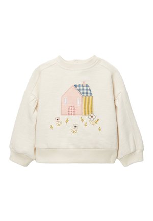 Pull bébé à manches longues de couleur crème avec un patch brodé représentant une maison en rose, bleu et jaune, entourée de petites fleurs.