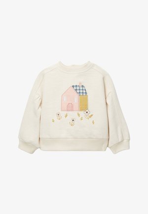 Pull bébé à manches longues de couleur crème avec un patch brodé représentant une maison en rose, bleu et jaune, entourée de petites fleurs.