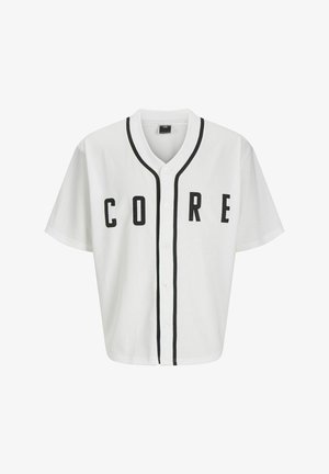 Hvid baseball-stil trøje med korte ærmer, sorte frontknapper og fed "CORE" skrift i sort. Har sorte accentstriber langs kraven.