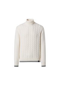 Cremefarbener Kabelstrickrollkragenpullover mit geripptem Kragen und Bündchen sowie einem kontrastierenden dunkel gestreiften Akzent am Saum.