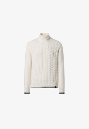 Cremefarbener Kabelstrickrollkragenpullover mit geripptem Kragen und Bündchen sowie einem kontrastierenden dunkel gestreiften Akzent am Saum.