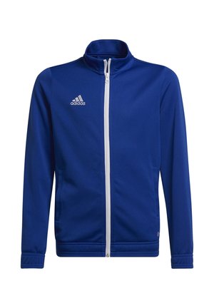 Blauwe sportjack gemaakt van gladde stof met een ritssluiting, witte accenten en het Adidas-logo op de bovenste linker borst.