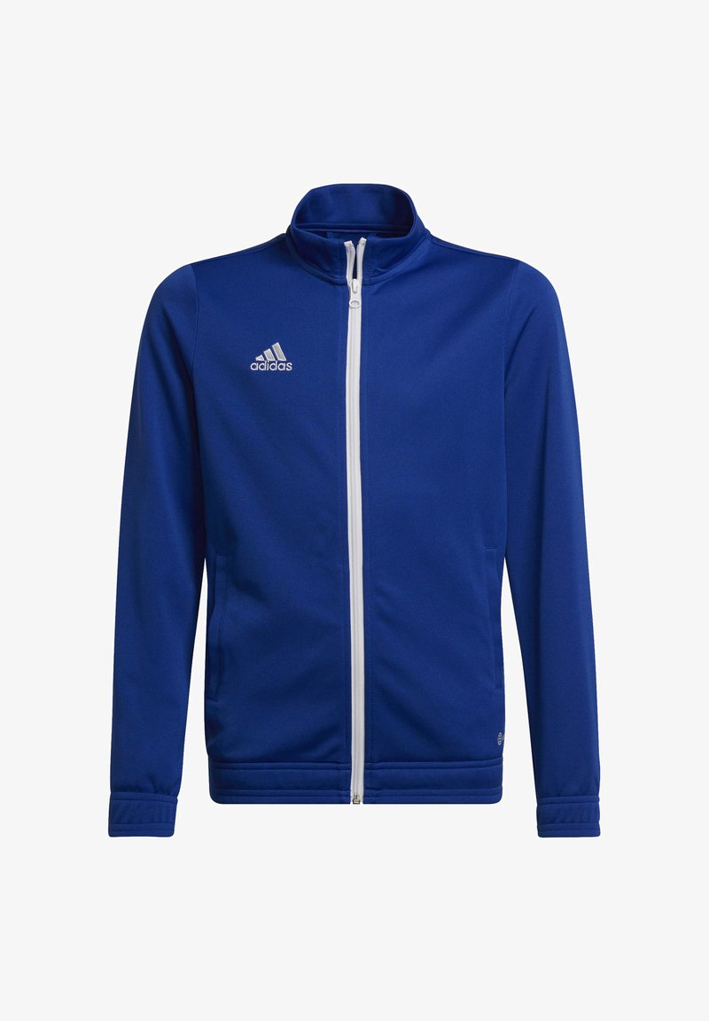 Blå idrettsjakke laget av glatt stoff med glidelås, hvit aksentglidelås, og Adidas-logo på venstre bryst.