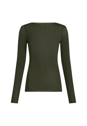 Olijfgroene longsleeve top, gemaakt van lichtgewicht textuurstof, met een ronde halslijn en een aansluitende pasvorm, zonder zichtbare sluitingen.
