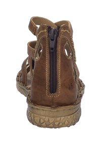 Braune Leder-Sandale mit offenem Design, Reißverschluss hinten, strukturiertem Sohle und verstärkten Nähten entlang der Kanten.