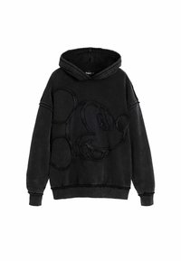 Sort hoodie med et tekstureret Mickey Mouse grafik på forsiden, lavet af blødt stof, med en afslappet pasform og en standard kengurulomme.