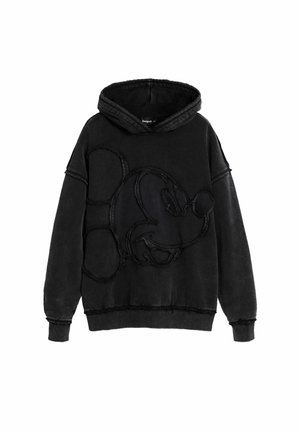 Schwarzer Hoodie mit einer strukturierten Mickey Mouse Grafik auf der Vorderseite, aus weichem Stoff, mit einer lockeren Passform und einer klassischen Kängurutasche.