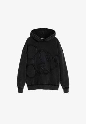 Sort hoodie med et tekstureret Mickey Mouse grafik på forsiden, lavet af blødt stof, med en afslappet pasform og en standard kengurulomme.