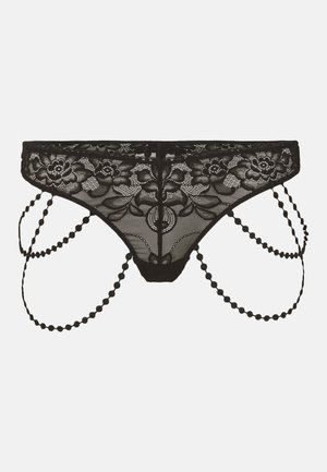 Melna mežģīņu stringbikses ar ziedu rakstiem, elastīga forma un dekoratīvas pērlīšu siksnas sānos papildu detaļām.