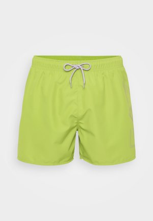 Lime zöld fürdőnadrág sima anyagból, rugalmas derékrésszel, húzózsinórral és oldalán világosabb árnyalatú logó részlettel.
