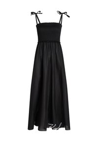 Abito maxi nero con top arricciato, spalline sottili regolabili con fiocchi e una gonna fluente. Realizzato in tessuto leggero, non presenta ulteriori fantasie.