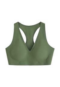 Grøn sportsbh med V-halsudskæring, brede skulderstropper og racerback. Fremstillet af glat, strækbart materiale uden synlig hardware.