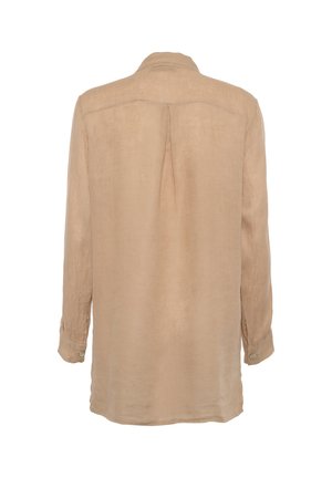 Camicetta marrone chiaro a maniche lunghe realizzata in tessuto liscio, con colletto a punta, piega sul retro e polsini con bottoni.