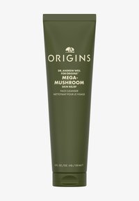 Grønn tube med Origins Mega-Mushroom Skin Relief ansiktsrens, 150 ml, med hvit tekst og skrukork. Enkel, elegant design.
