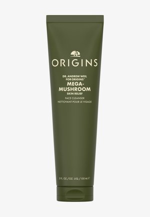 Tubo verde del limpiador facial Origins Mega-Mushroom Skin Relief de 150 ml, con texto blanco y tapa de rosca. Diseño simple y elegante.