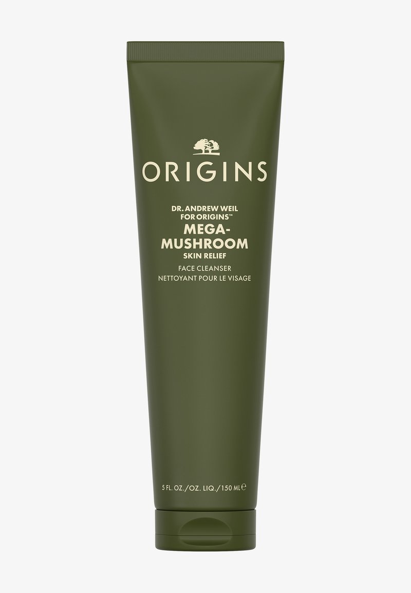Grønn tube med Origins Mega-Mushroom Skin Relief ansiktsrens, 150 ml, med hvit tekst og skrukork. Enkel, elegant design.